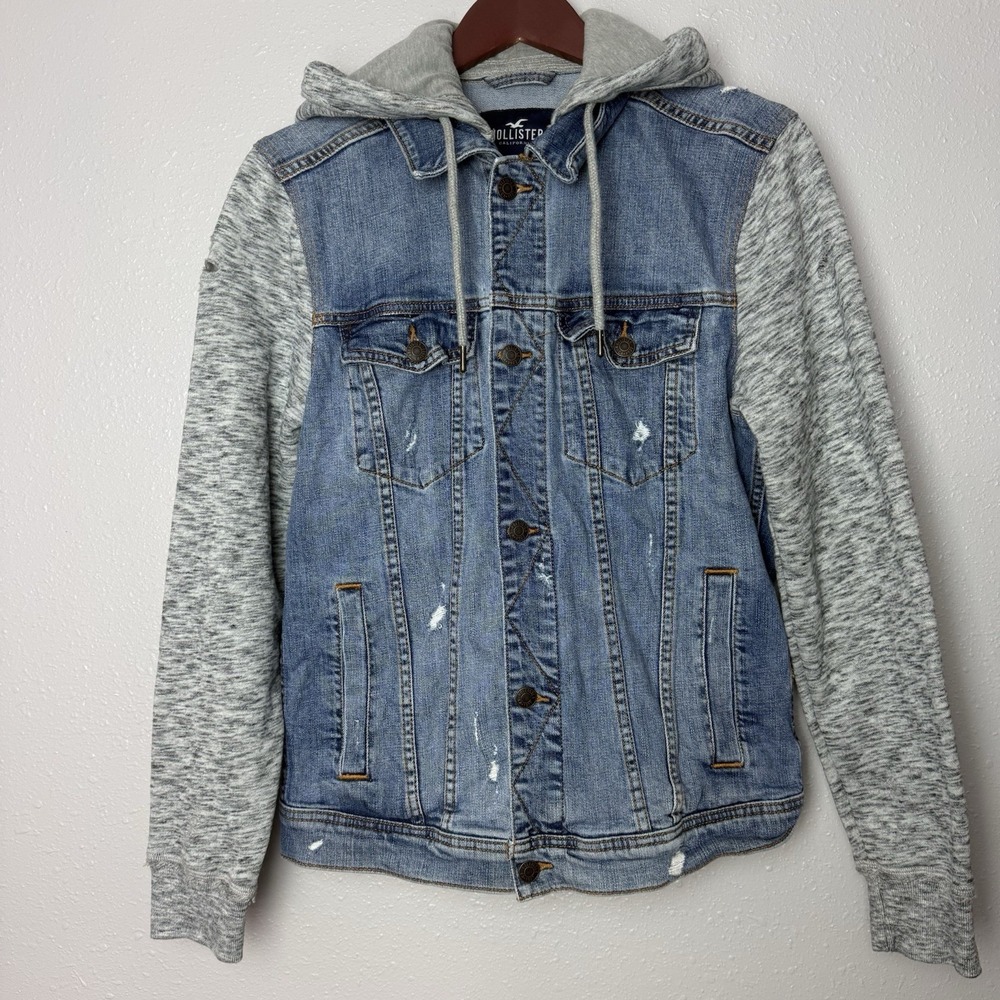 Hollister Epic Flex Distressed Jean Denim Trucker Sweatshirt Hoodie Jacket Men's